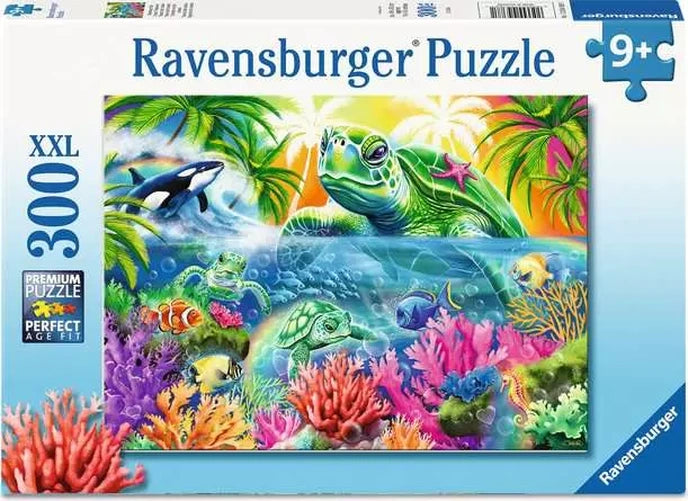 Ravensburger Ocean Treasures 300 piece XXL jigsaw puzzle box featuring sea turtles, orca, tropical fish and colourful coral