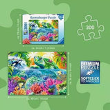 Ravensburger Ocean Treasures 300 piece XXL puzzle size guide showing the box, completed puzzle dimensions and Softclick Technology