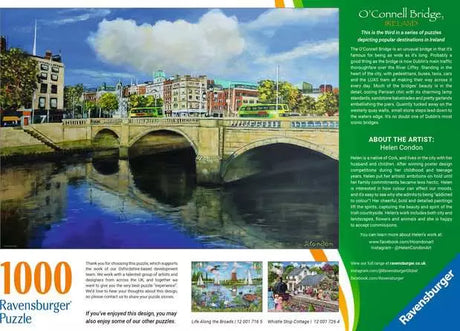 Back of the Ravensburger O'Connell Bridge Dublin puzzle box showing the bridge artwork, product information and artist Helen Condon details