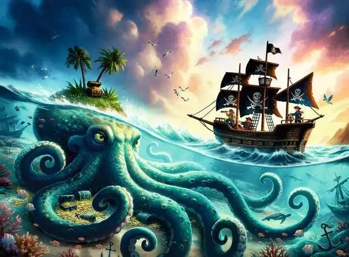 Ravensburger Octopus Treasure puzzle artwork showing a giant octopus beneath the waves beside a pirate ship, tropical island and underwater treasure