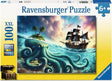 Ravensburger Octopus Treasure 100 piece XXL jigsaw puzzle box featuring a giant octopus, pirate ship and tropical island scene