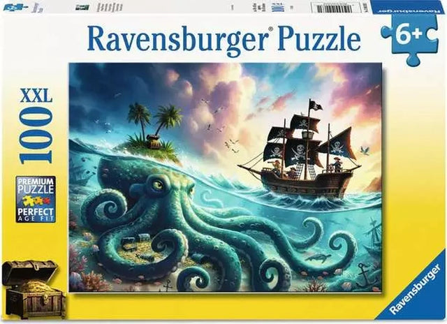 Ravensburger Octopus Treasure 100 piece XXL jigsaw puzzle box featuring a giant octopus, pirate ship and tropical island scene