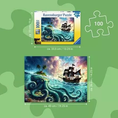 Ravensburger Octopus Treasure 100 piece XXL puzzle size guide showing the box and completed 49 × 36 cm jigsaw dimensions