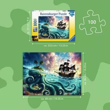 Ravensburger Octopus Treasure 100 piece XXL puzzle size guide showing the box and completed 49 × 36 cm jigsaw dimensions