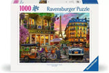 Ravensburger Paris at Dawn 1000 piece jigsaw puzzle box front showing a Paris street scene with the Eiffel Tower, bicycles and a parked car