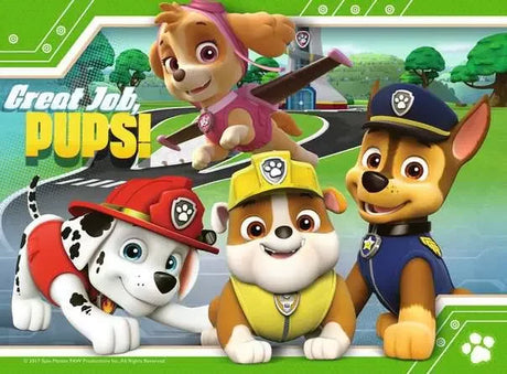 Chase, Marshall, Rubble and Skye posing proudly with Great Job Pups text in bright green Ravensburger puzzle image