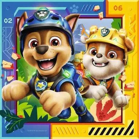 Ravensburger Paw Patrol Dino Movie jigsaw with Chase and Rubble in a dinosaur themed scene