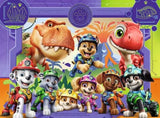 Ravensburger Paw Patrol Dino Movie jigsaw with the Paw Patrol pups gathered with two dinosaurs