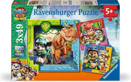 Ravensburger Paw Patrol Dino Movie retail packaging with the three included 49 piece jigsaws