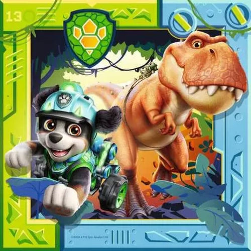 Ravensburger Paw Patrol Dino Movie jigsaw with Rocky beside a T Rex