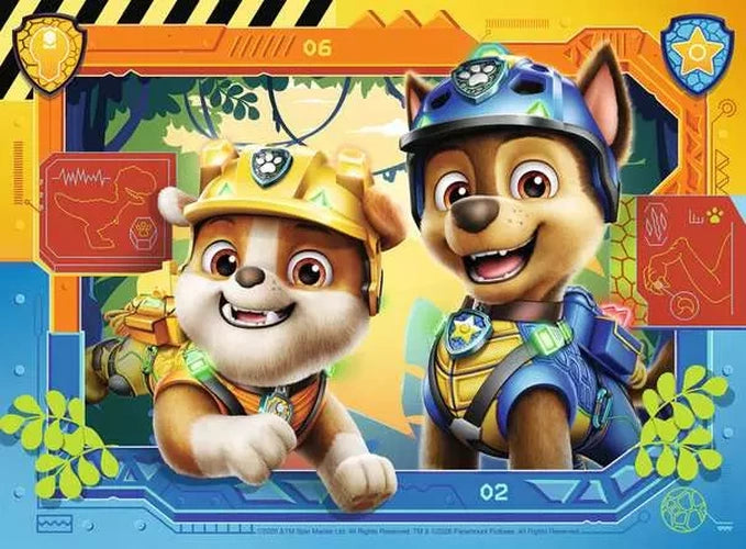 Ravensburger Paw Patrol Dino Movie jigsaw with Rubble and Chase in a dinosaur scene
