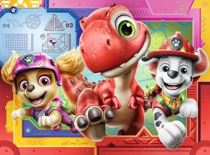 Ravensburger Paw Patrol Dino Movie jigsaw with Skye and Marshall beside a red dinosaur