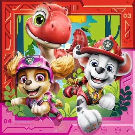 Ravensburger Paw Patrol Dino Movie jigsaw with Skye and Marshall in front of a red dinosaur