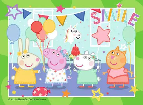 Ravensburger Peppa Pig jigsaw puzzle scene showing Peppa, Suzy Sheep, Rebecca Rabbit and Candy Cat at a balloon party