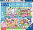 Ravensburger Peppa Pig 4 in a Box jigsaw puzzles box front showing four puzzle scenes with 12, 16, 20 and 24 pieces
