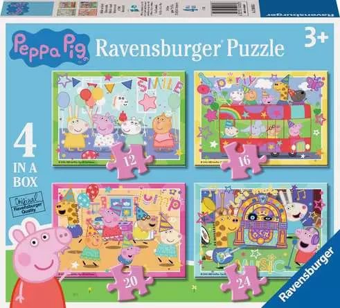 Ravensburger Peppa Pig 4 in a Box jigsaw puzzles box front showing four puzzle scenes with 12, 16, 20 and 24 pieces