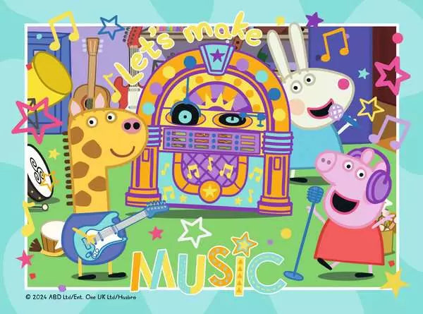 Ravensburger Peppa Pig jigsaw puzzle scene showing Peppa, Gerald Giraffe and Suzy Sheep beside a jukebox with musical notes
