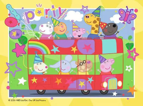 Ravensburger Peppa Pig jigsaw puzzle scene showing Peppa and friends on a party bus with balloons and bunting