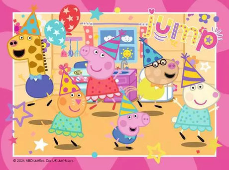 Ravensburger Peppa Pig jigsaw puzzle scene showing Peppa and friends at a party indoors with balloons and bunting