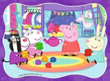 Peppa Pig serving tea to friends in a bright playroom scene with cups, toys and costumes from Ravensburger puzzle