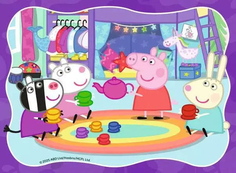 Peppa Pig serving tea to friends in a bright playroom scene with cups, toys and costumes from Ravensburger puzzle