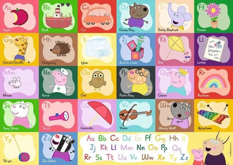 Ravensburger Peppa Pig Alphabet completed jigsaw design with letters, pictures and Peppa Pig characters