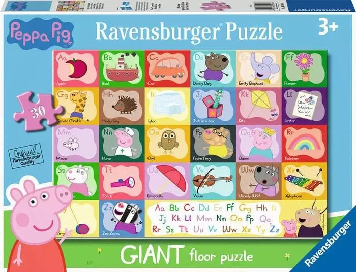 Ravensburger Peppa Pig Alphabet Giant Floor Puzzle packaging showing 30 pieces and the alphabet artwork