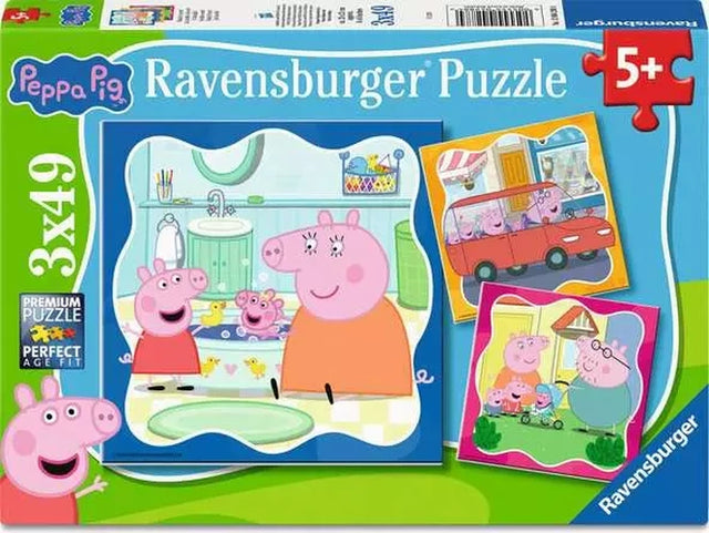 Ravensburger Peppa Pig Family Firsts 3 x 49 piece jigsaw box showing the three included family scenes