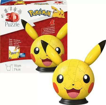Ravensburger Pokémon Pikachu with Ears 3D Puzzle Ball shown assembled beside the retail box