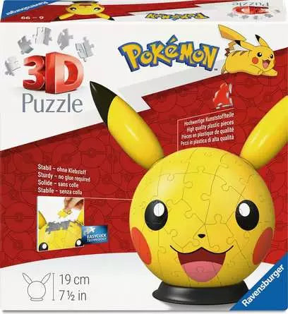 Ravensburger Pokémon Pikachu with Ears 3D Puzzle Ball retail box showing the completed Pikachu puzzle on the front