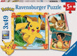 Ravensburger Pokémon 3 x 49 piece jigsaw puzzles box front showing Pikachu, Eevee and Charizard with a 5+ age mark