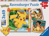 Ravensburger Pokémon 3 x 49 piece jigsaw puzzles box front showing Pikachu, Eevee and Charizard with a 5+ age mark