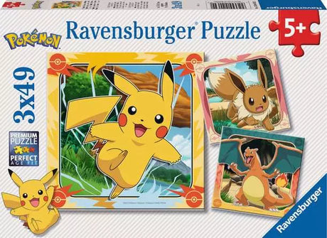 Ravensburger Pokémon 3 x 49 piece jigsaw puzzles box front showing Pikachu, Eevee and Charizard with a 5+ age mark