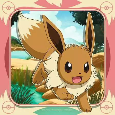 Ravensburger Pokémon jigsaw puzzle scene showing Eevee running beside water and grass