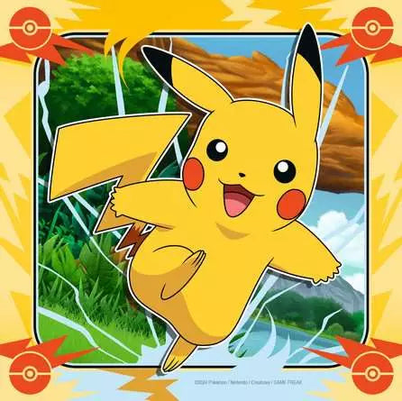 Ravensburger Pokémon jigsaw puzzle scene showing Pikachu jumping in front of grass and water