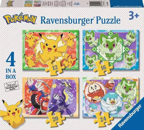 Ravensburger Pokémon 4 in a Box puzzle set showing Pikachu, Sprigatito, Fuecoco, Quaxly and legendary Pokémon on the packaging