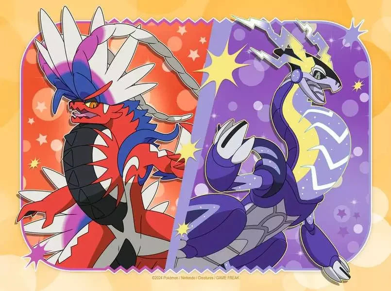 Ravensburger Pokémon 20 piece puzzle featuring Koraidon and Miraidon in bold red and purple legendary artwork