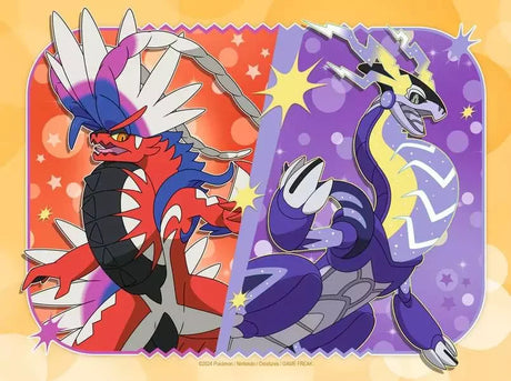 Ravensburger Pokémon 20 piece puzzle featuring Koraidon and Miraidon in bold red and purple legendary artwork