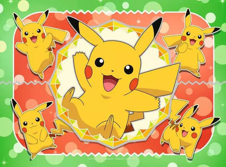 Ravensburger Pokémon 12 piece puzzle featuring Pikachu in bright yellow and orange background with playful poses