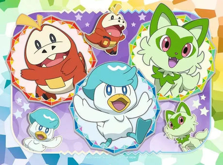Ravensburger Pokémon 24 piece puzzle showing Fuecoco, Quaxly and Sprigatito in colourful Paldea starter scene