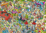 Comic style amusement park puzzle artwork with rides, crowds, café, and roller coaster details