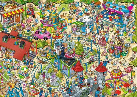 Comic style amusement park puzzle artwork with rides, crowds, café, and roller coaster details