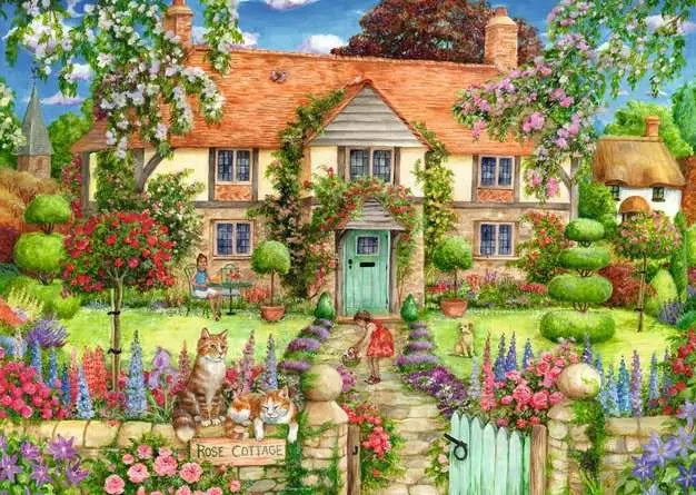Ravensburger Rose Cottage 1000 Piece puzzle artwork showing a country cottage surrounded by roses, colourful flowers and cats in the garden