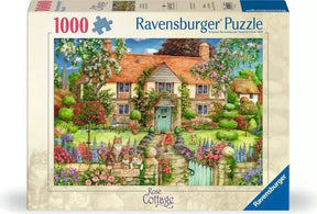 Ravensburger Rose Cottage 1000 Piece Jigsaw Puzzle retail box showing the cottage and flower garden artwork