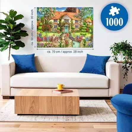 Ravensburger Rose Cottage 1000 Piece puzzle size guide showing a completed size of approximately 70 × 50 cm