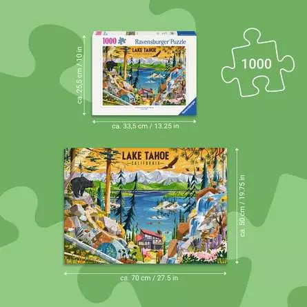 Size guide showing the puzzle box and the completed Lake Tahoe artwork