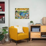 Completed Sacred Lake Tahoe jigsaw puzzle displayed on a wall above a yellow chair