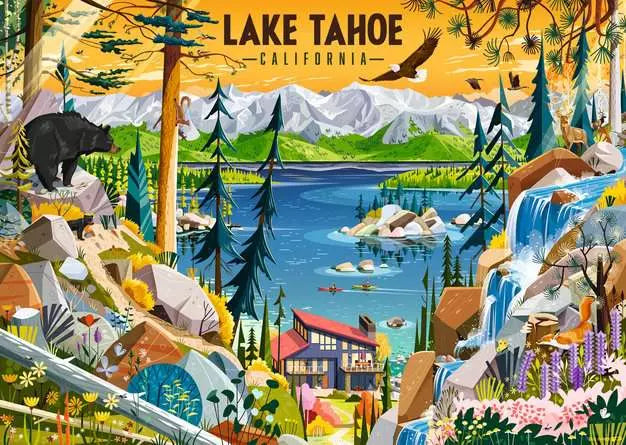 Lake Tahoe artwork showing blue water, pine trees and snowy mountains