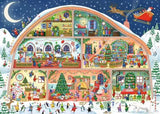Ravensburger Santa's Workshop puzzle artwork showing seven festive workshop rooms, Christmas trees, elves, toys, penguins and Santa flying overhead