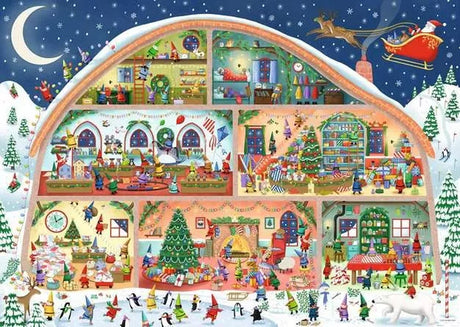 Ravensburger Santa's Workshop puzzle artwork showing seven festive workshop rooms, Christmas trees, elves, toys, penguins and Santa flying overhead